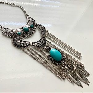 Boho Statement Collar Bib Necklace with faux turquoise stone + silver feathers